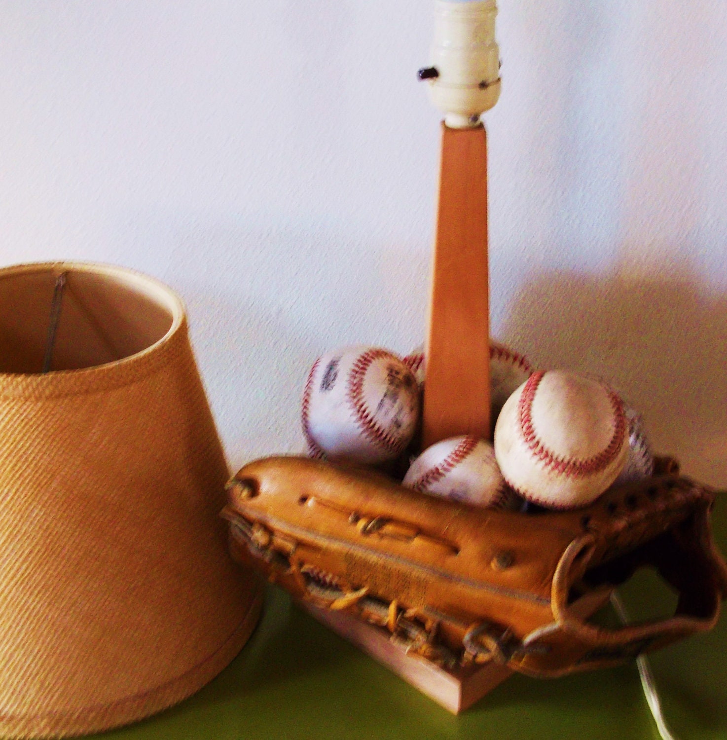 Handmade Table Lamp Sports Baseball Vintage Balls Glove Burlap