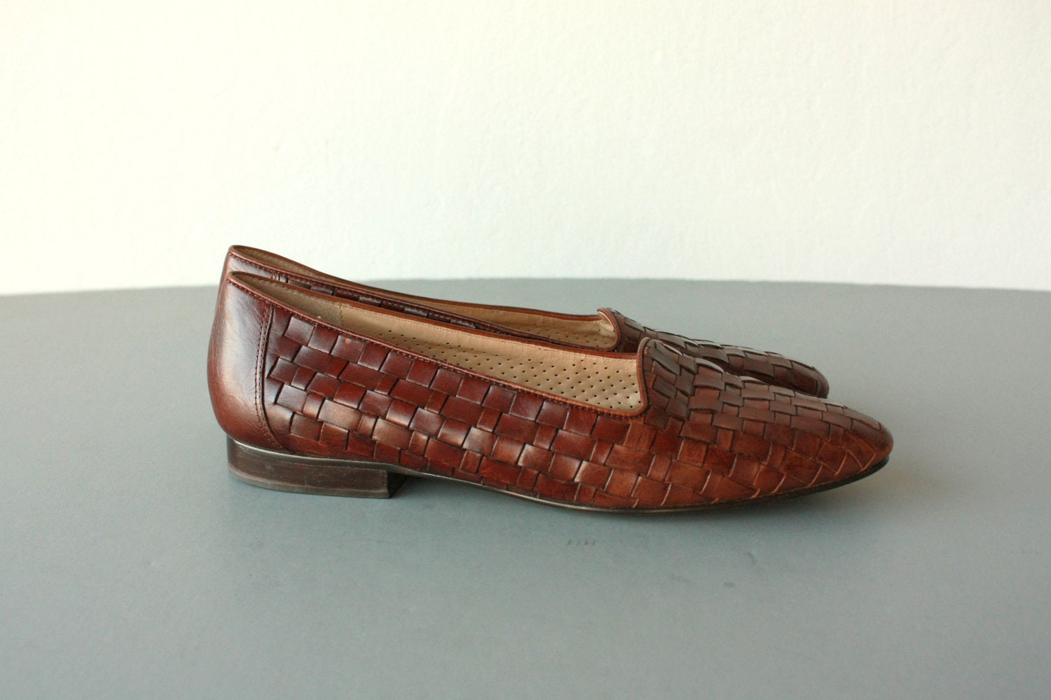 brown loafers / leather loafers / woven leather flats / brown