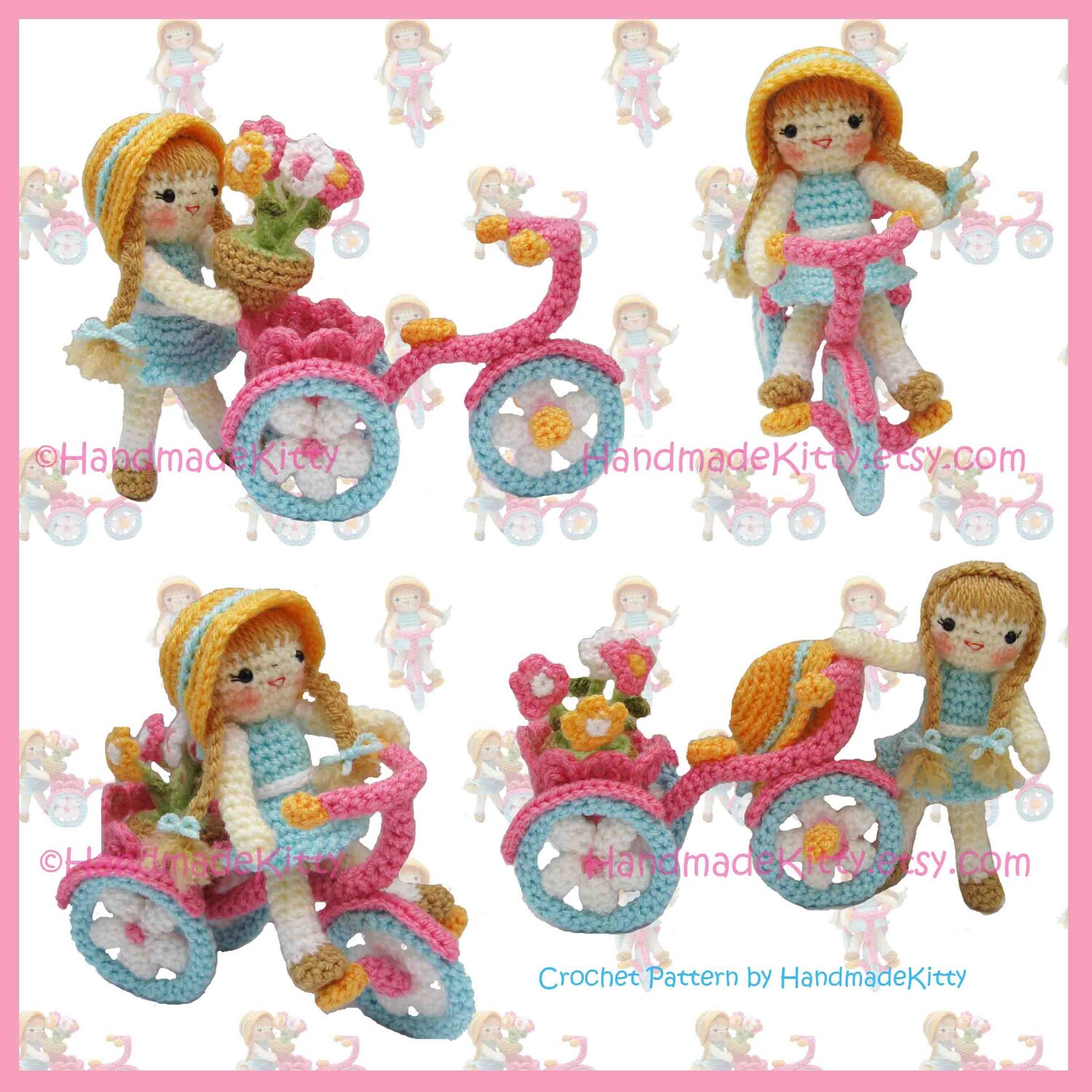 pattern hair crochet for flower PDF riding Flower handmadekitty tricycle Amigurumi Girl by a