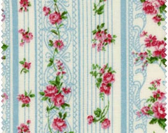 Romantic Memories Cotton Fabric Quilt Gate 8787-3C Blue stripes and pretty pink roses