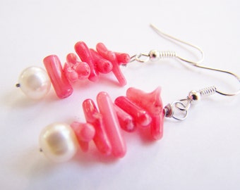 Coral and freshwater pearl earrings - FREE shipping with another item - Affordable gifts - Bridesmaid sets and beach weddings