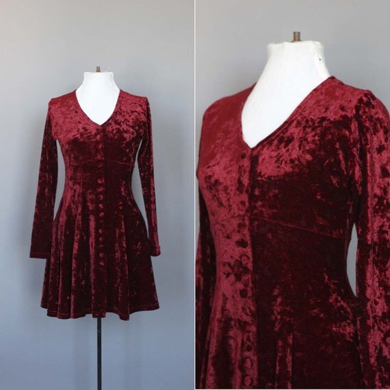 Vintage 90s Dress Maroon Crushed Velvet 1990s Fit and Flare