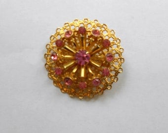 Vintage Pin Pink Rhinestones and Gold Filiigree Sun Busrst Design Mid Century Modern Mad Men