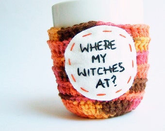 Witch Coffee Mug Cozy Tea Cup orange brown crochet handmade cover