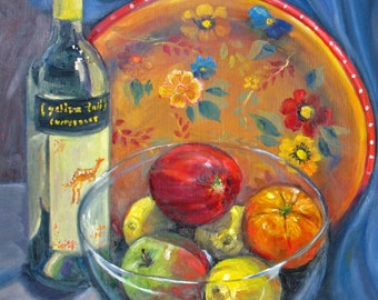 Original Oil painting, realism still life art, wine apple lemon orange still life art, wall decor, impressionism art, Janice Trane Jones