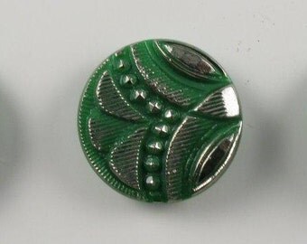3 Vintage Czech Glass Buttons - Silver Metallic on Green Glass