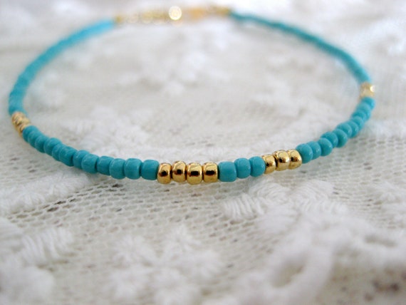 Turquoise and gold seed bead friendship bracelet
