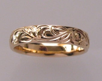Hand Engraved Vine and Leaf Wedding Anniversary Band in Rose Gold