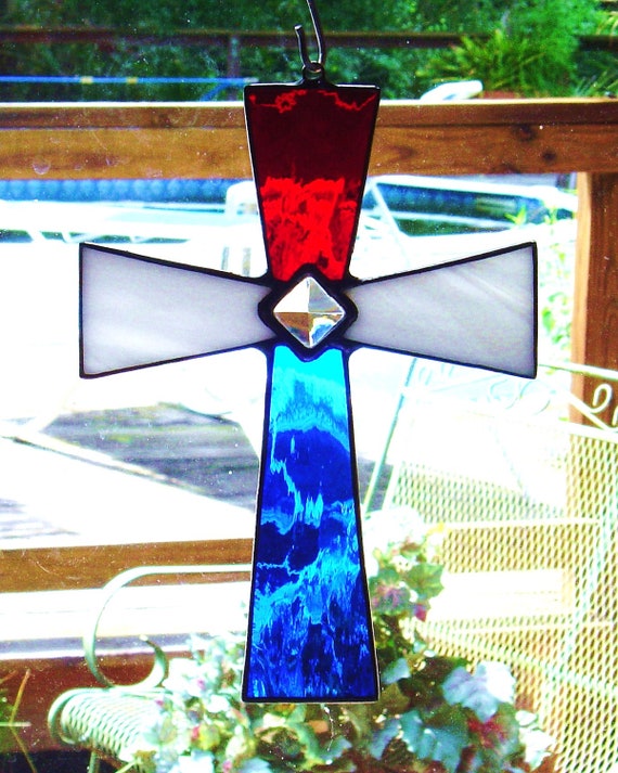 Red White & Blue Stained Glass Cross Sun by StainedGlassAndMore