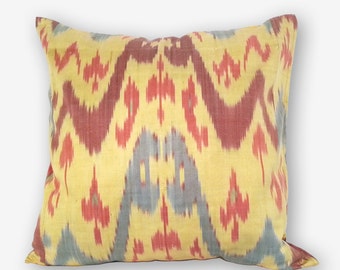 15x15 yellow ikat pillow cover, ikat pillow, uzbek ikat, ikat fabric