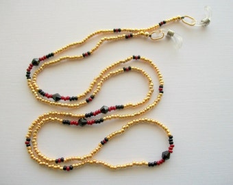 Golden Eyeglass Necklace Beaded Holder with Black Swarovski Bicone Crystals