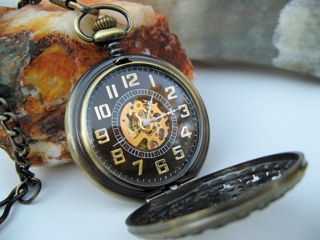 1882's Archaize Bronze Mechanical Pocket Watch, Pocket Watch Chain - Steampunk Watch - Groomsmen Gift - Men's Watch - Item MPW151a