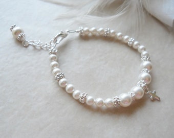 Baptism Bracelet First Communion Gift Flower Girl Bracelet Flower Girl Gift Flower Girl Jewelry Pearl with Sterling Silver Cross Charm B185