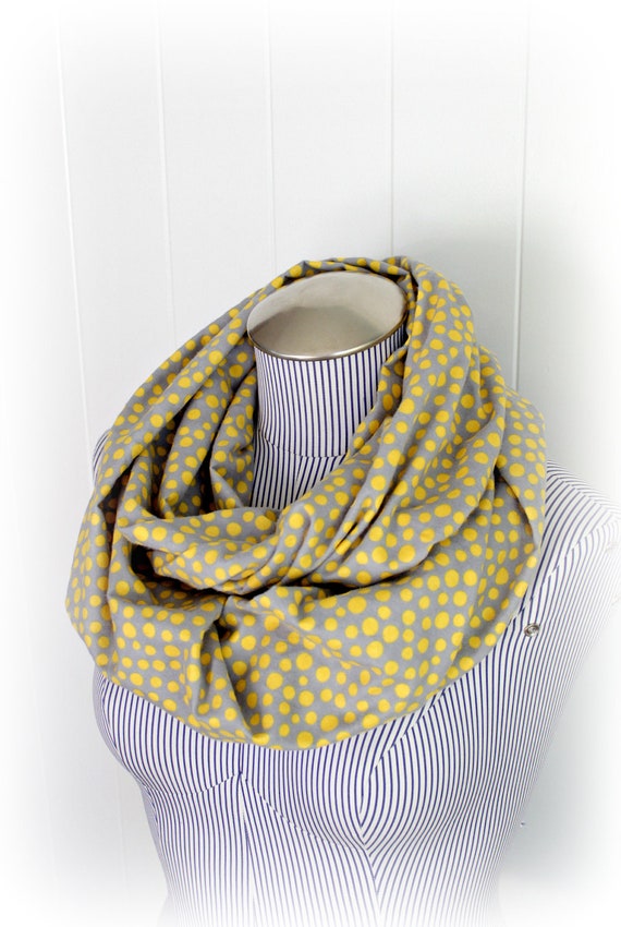 Gray and Yellow Polka Dot Infinity Scarf Cozy Flannel Dots