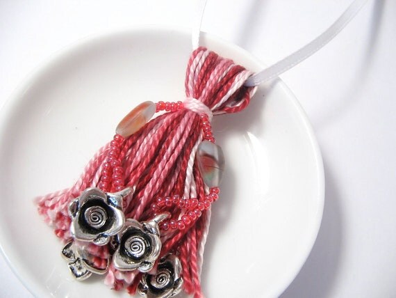 Silver Roses and Agate Heart Striped Red Beaded Tassel Ornament