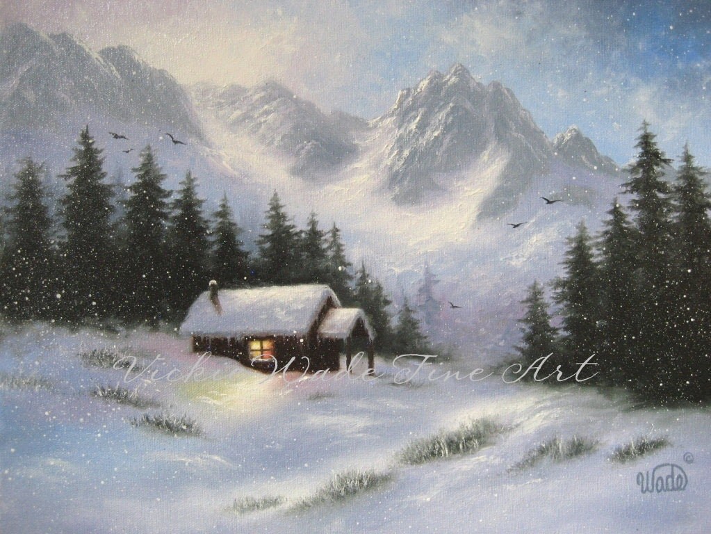 Schneebedeckten hideaway kunstdruck schnee berge hütte