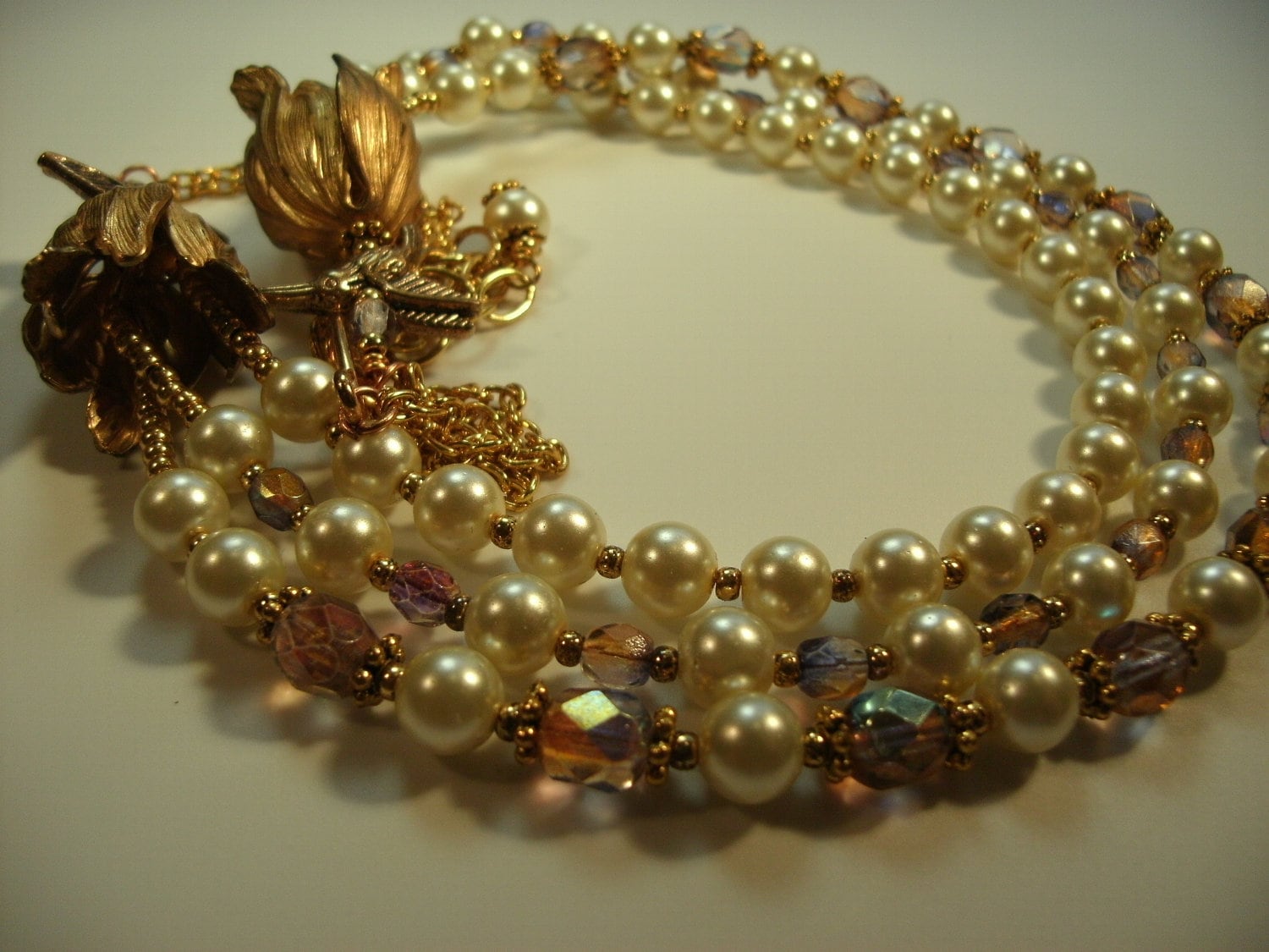 Antiqued Golden Hummingbird and Pearl Necklace