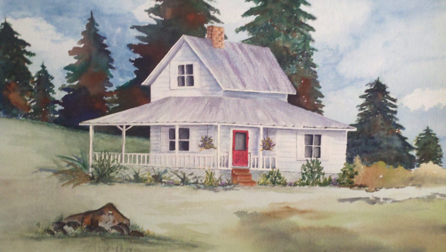 Watercolor print old white farm house with red door