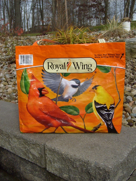 Recycled Feed Sack Orange Bird Food Bag Market Tote Bag or