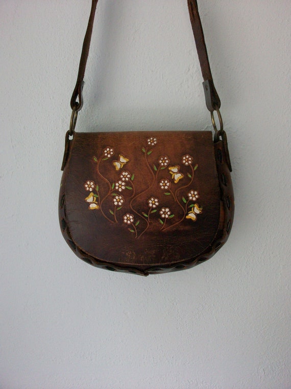 1970's Leather Purse ... Vintage 70's Satchel Painted