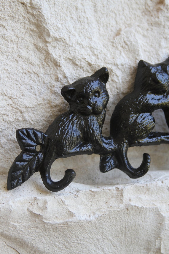 Cat Wall Hook Cast Iron Gloss Black Four Hooks by FourRDesigns