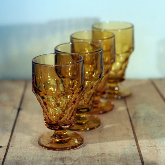 vintage amber footed water goblets set of four by suesuegonzalas