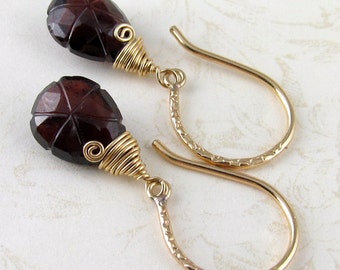 Carved garnet earrings, handmade gold filled January birthstone earrings-OOAK