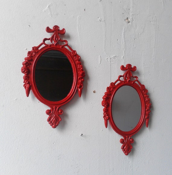 Small Framed Mirror Set of Two in Lipstick Red Ornate Vintage