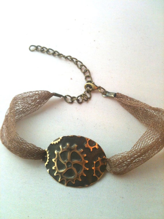 Mesh and Gear Embossed Steampunk Bracelet by DreaminSteam steampunk buy now online