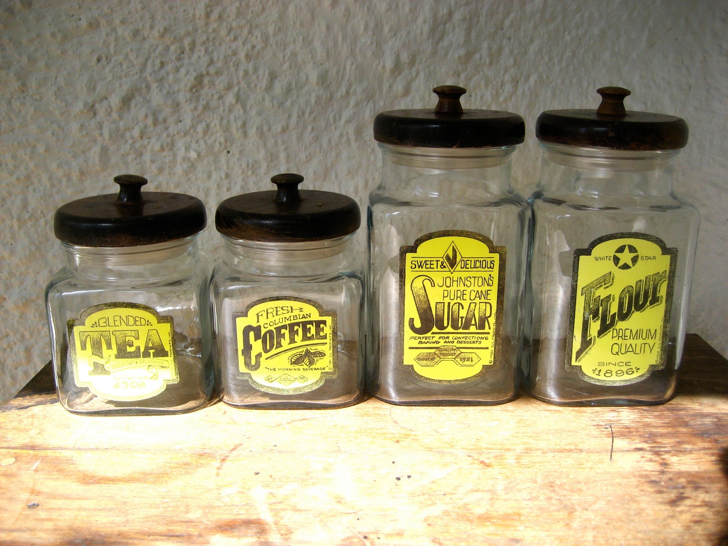 Vintage Glass Kitchen Canister Set with Wooden Lids // 1980s