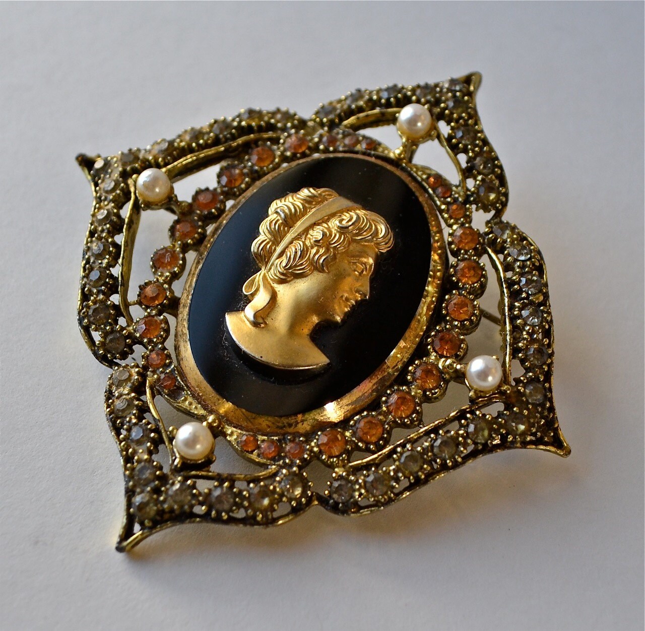 Cameo Brooch with Amber Rhinestones Vintage Pin