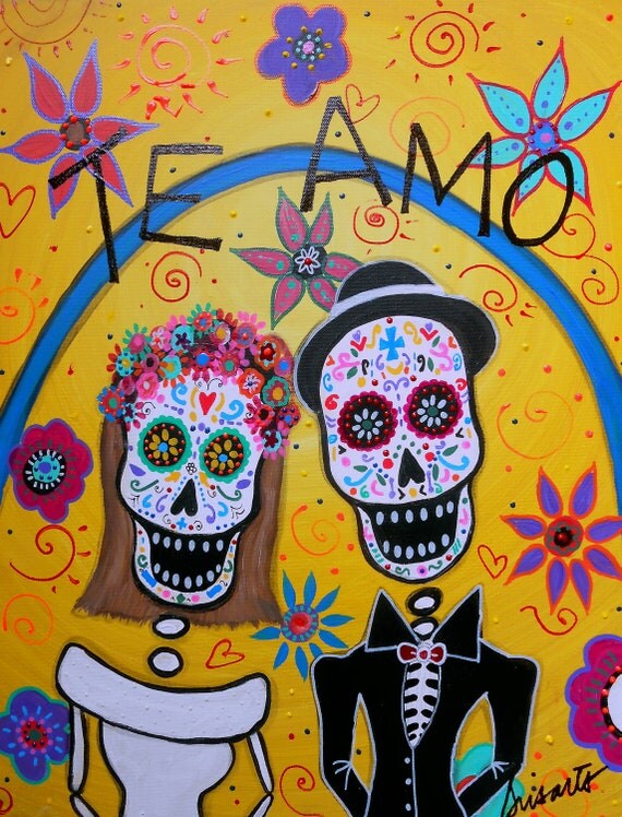 Mexican Day of the Dead Folk Art Wedding Couple Bride Sugar