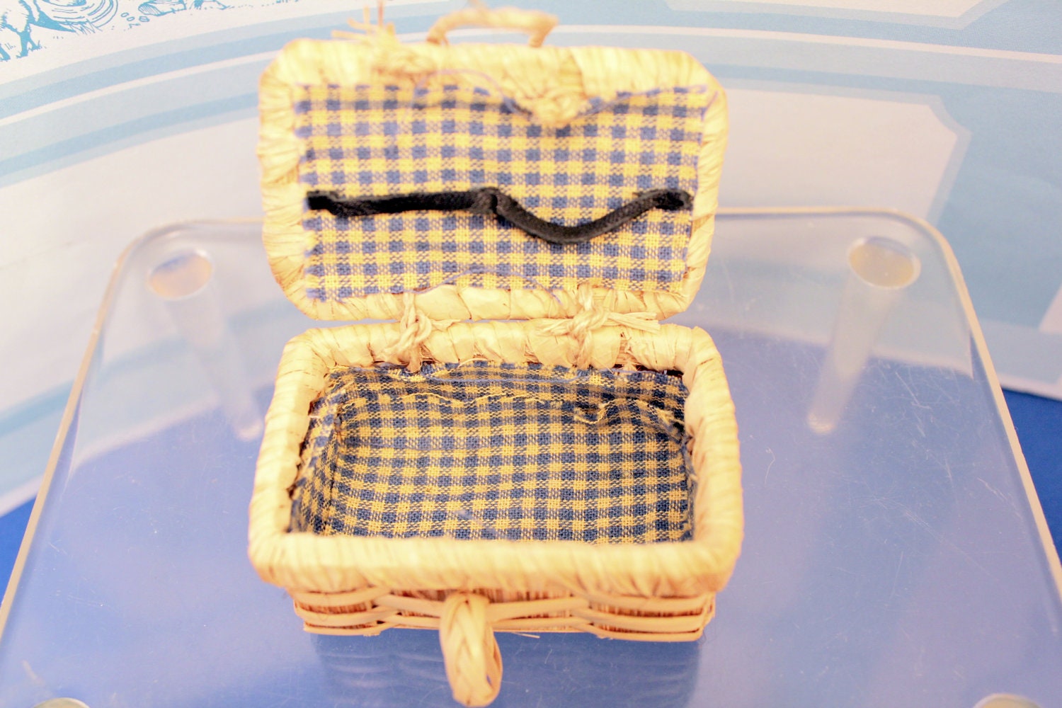 Miniature Picnic Basket Blue Gingham Lining