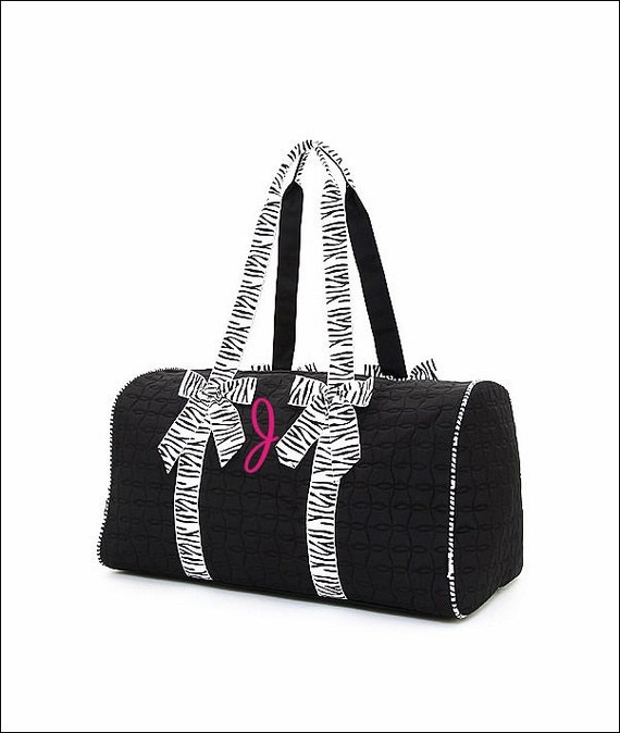 Personalized Quilted Duffel Bag - Black with Zebra Print Trim