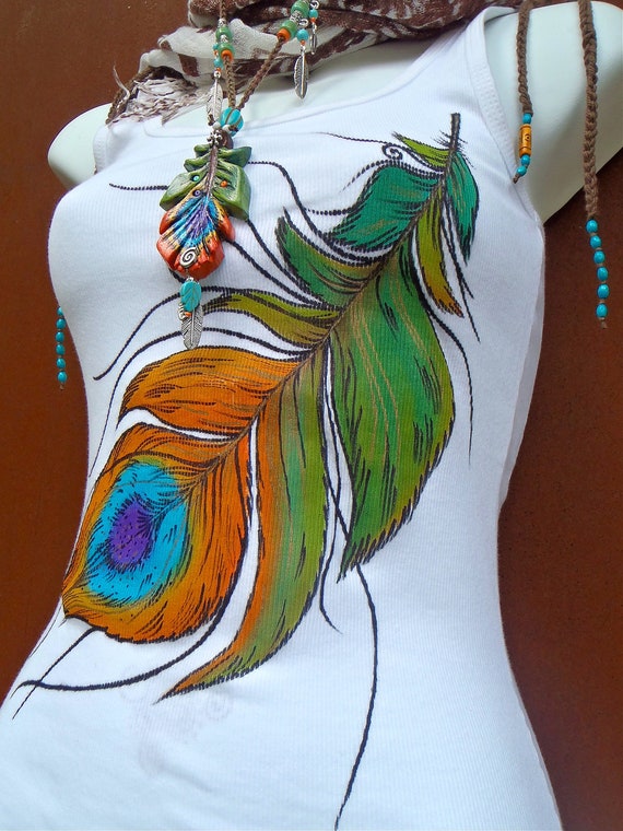 TANK white PEACOCK FEATHER top tank top hand painted clothes