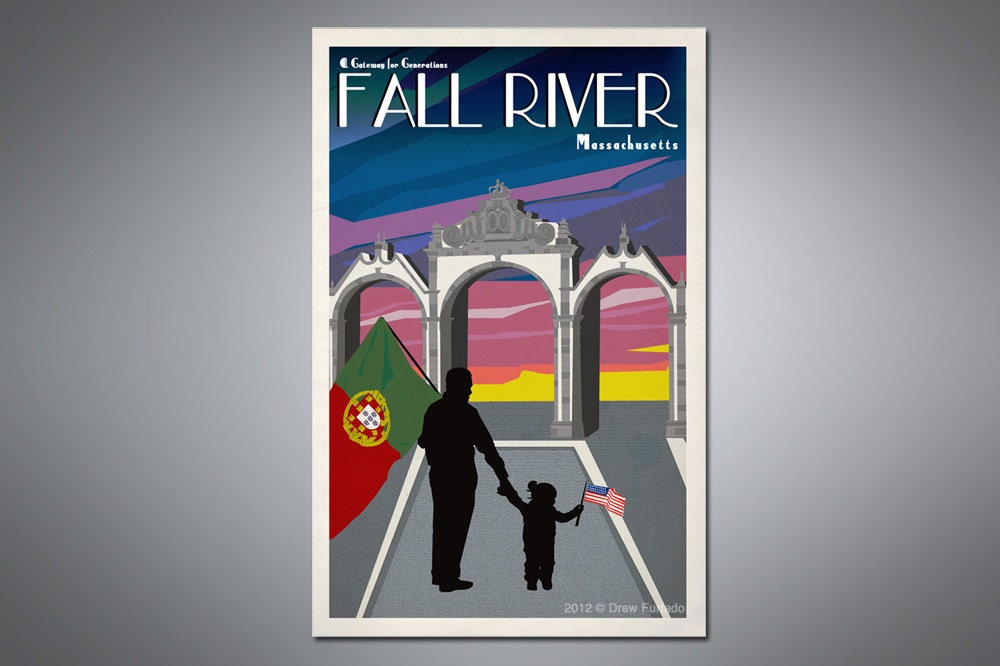 Retro styled Fall River MA Travel Poster Portuguese