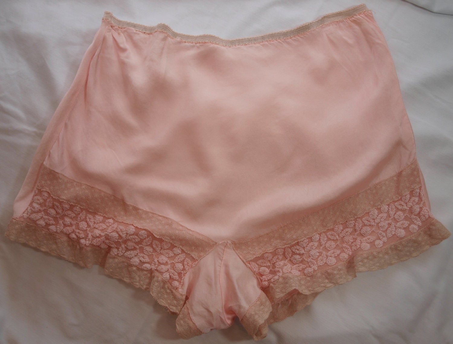 Vintage Silk Satin Pink Tap Pants With Embroidered Chiffon Hem