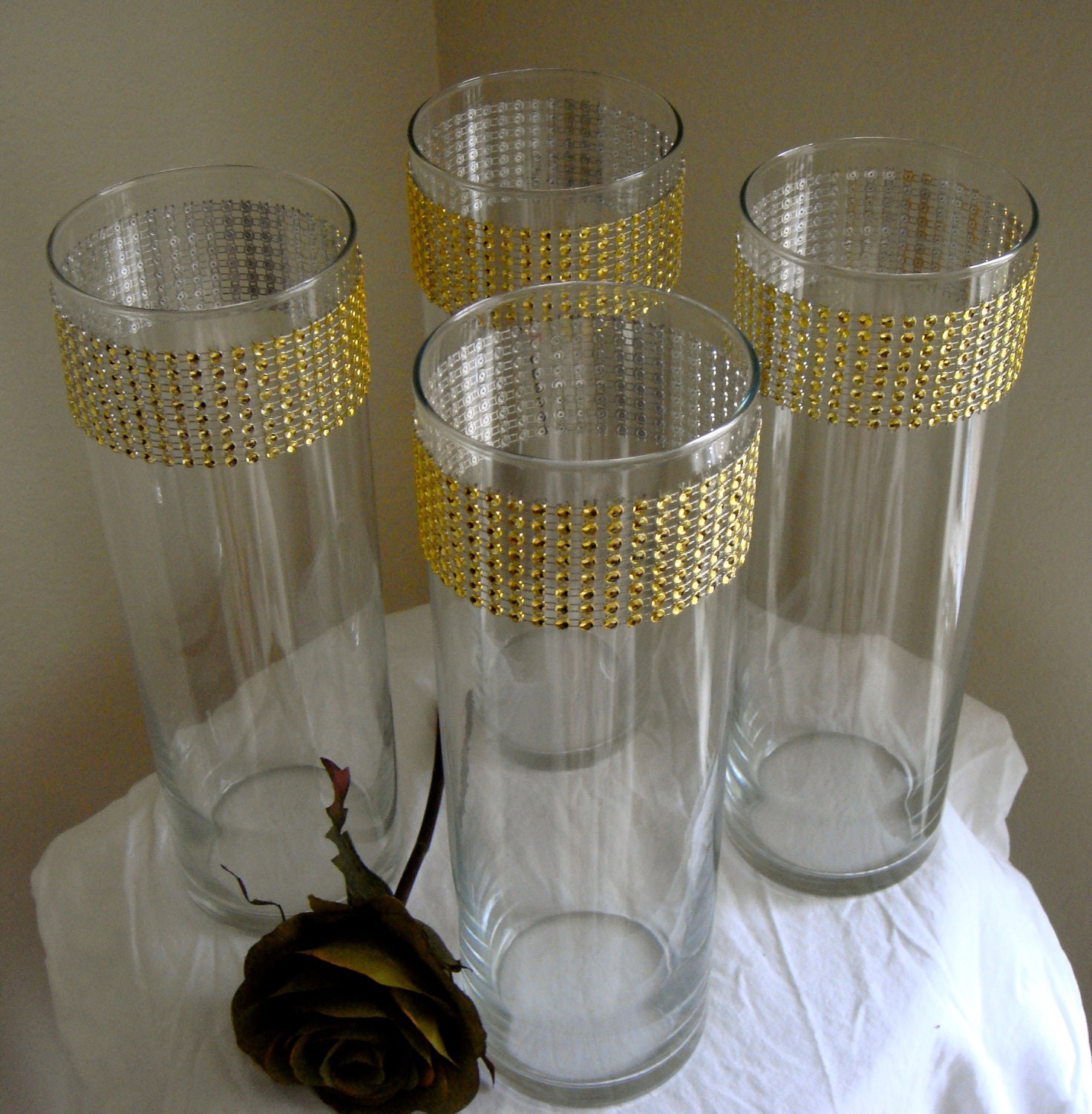 Set of 10 Gold Rhinestone Wrap Glass Cylinder Vases Wedding