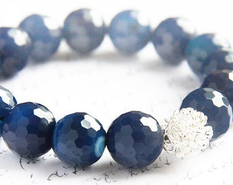 Royal Blue Agate Bracelet Sterling Silver Wire Bead Stacking Bracelet Dark Blue Faceted Stones Natural Stone Bohemian jewelry trend 2017