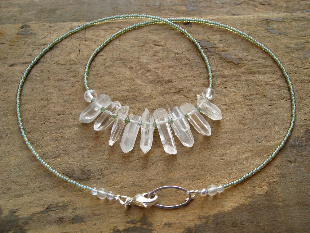 Rough Quartz Crystal Necklace mint green fairy necklace with