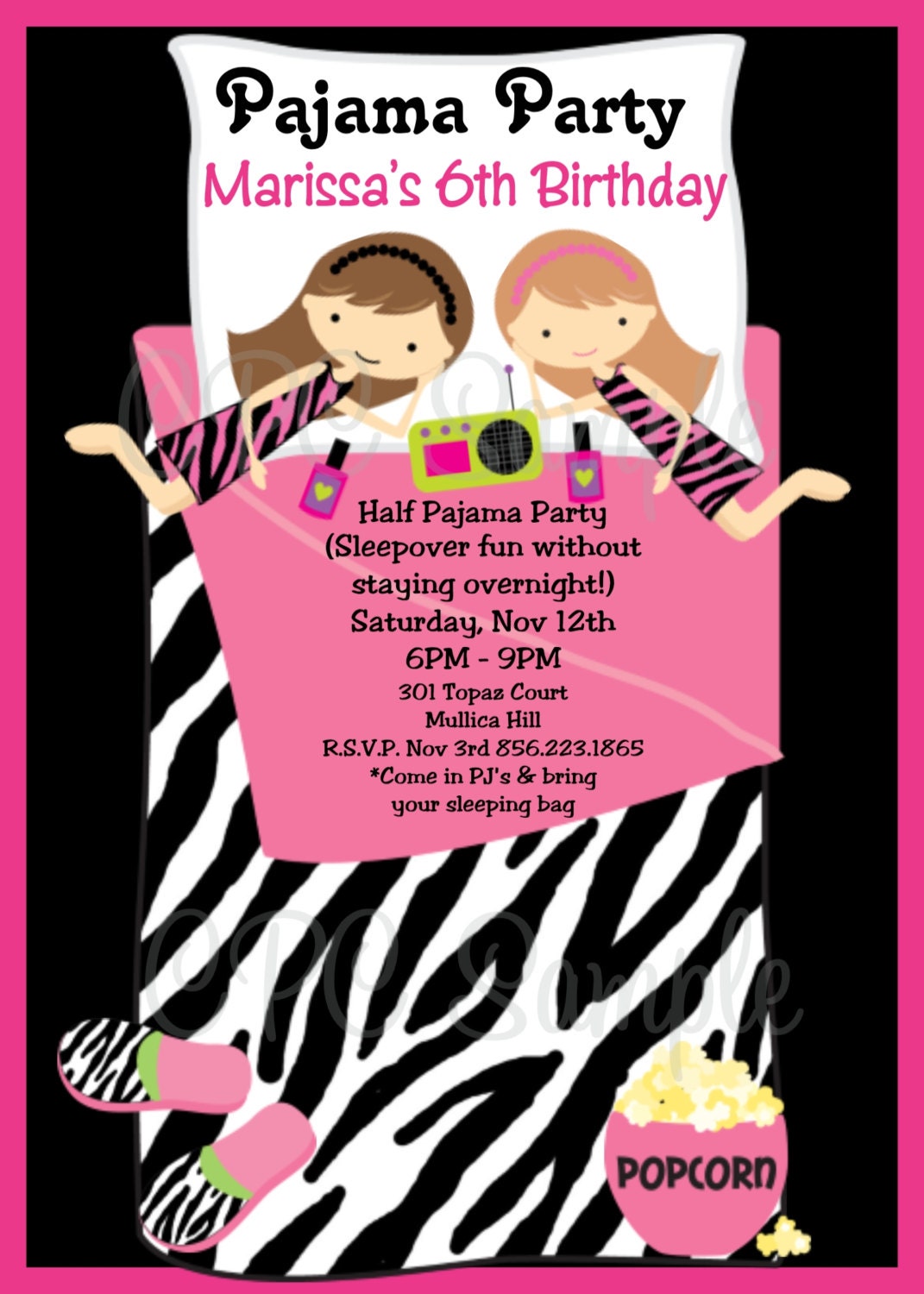 Pajama Party Birthday Invitation Printable or Printed Invite