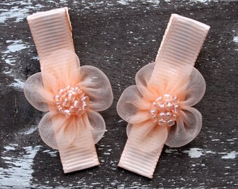 Peach Organza Flower Hair Clips - No Slip Grip - Wedding