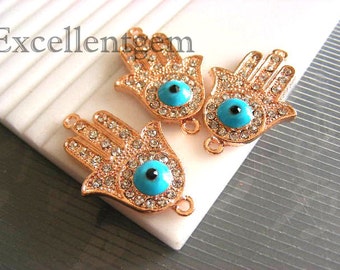 3 pcs High quality rose gold tone with blue evil eye,clear rhinestone Hands of Fatima Hamsa Bracelet Connector