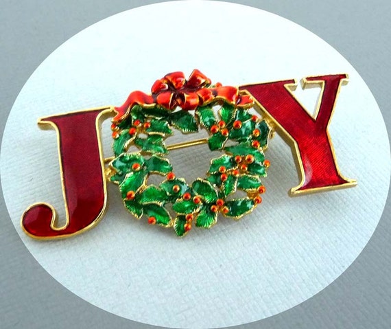 Download Vintage Christmas Brooch Wreath JOY Holiday Pin