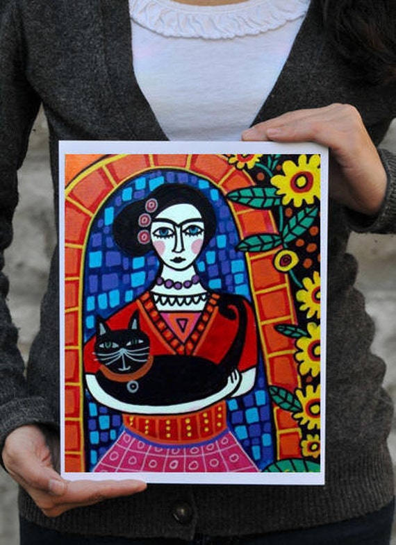 Mexican Folk Art Frida Kahlo Print Poster Painting Black Cat Primitive Folk Art - Wedding Gifts