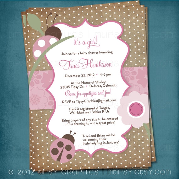Ladybug Pink & Brown Party or Shower Invite for by Tipsy Graphics Il_570xn