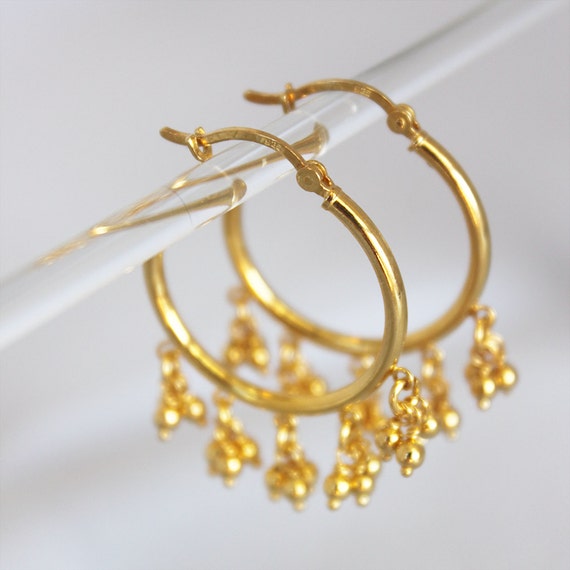 gold gypsy hoops. tiny ball dangles. choose size. by kekajewelry