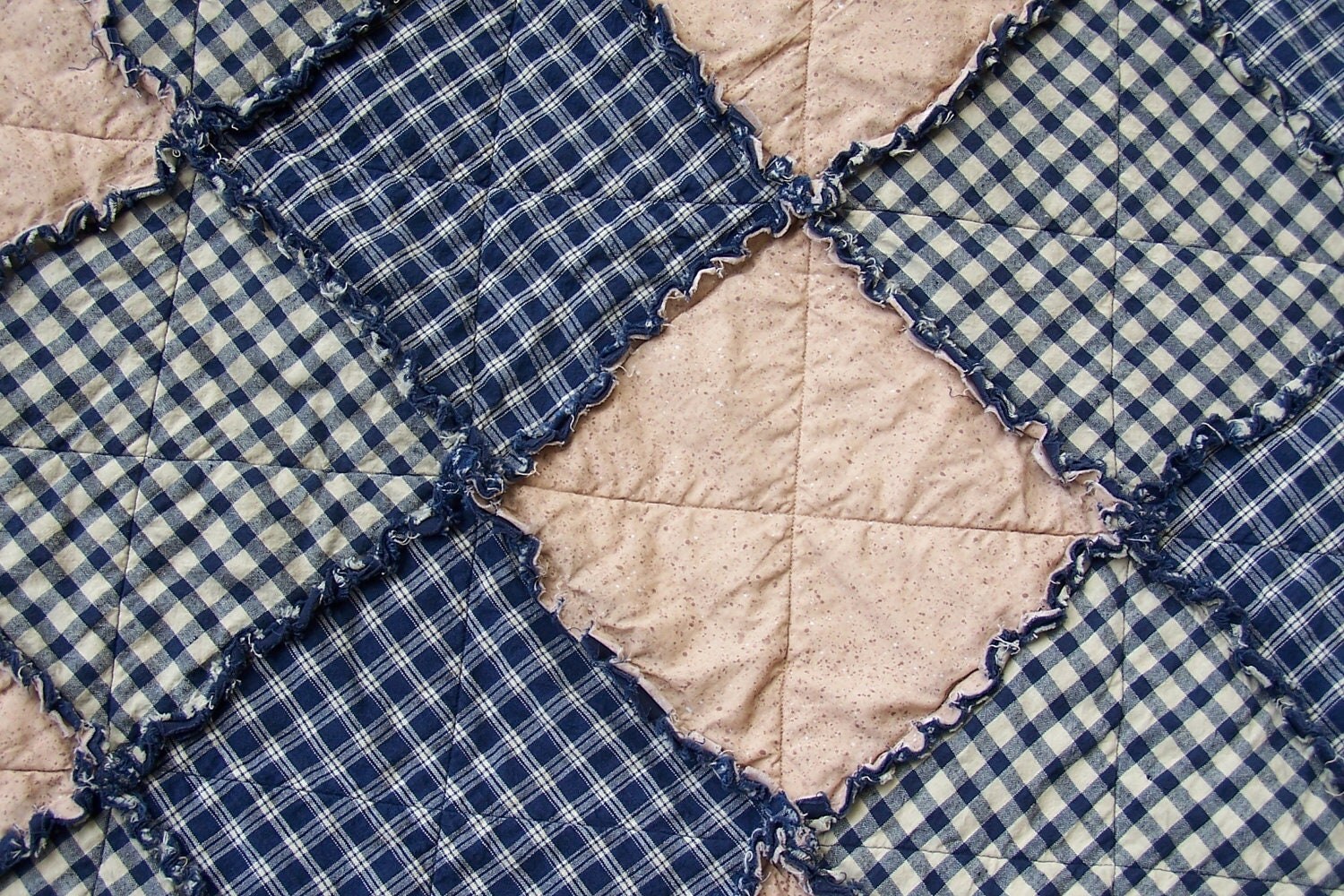 Queen Size Rag Quilt in Navy Blue Homespun Country Primitive