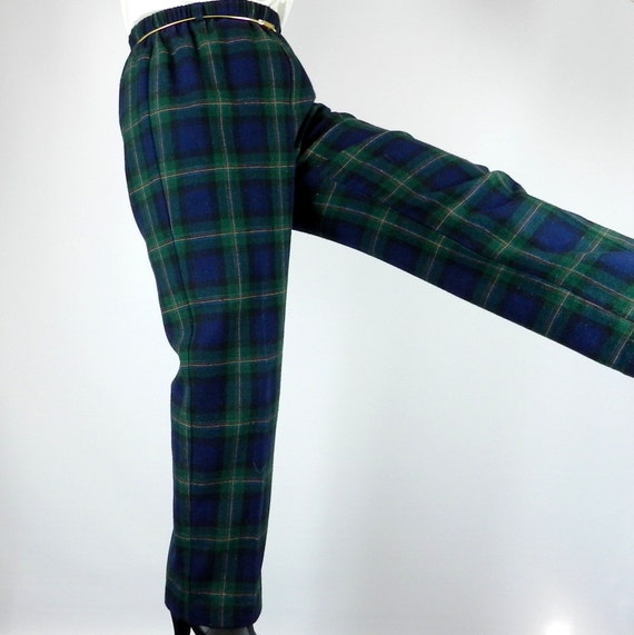 xs elastic waist belt Vintage Petite Plaid Black Watch Size Tartan Pants 1980s