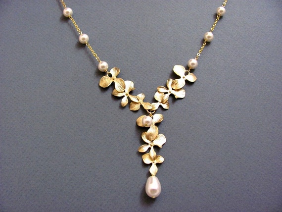 Items similar to Gold Luxury Orchid and Teardrop Pearl Cascade Necklace ...